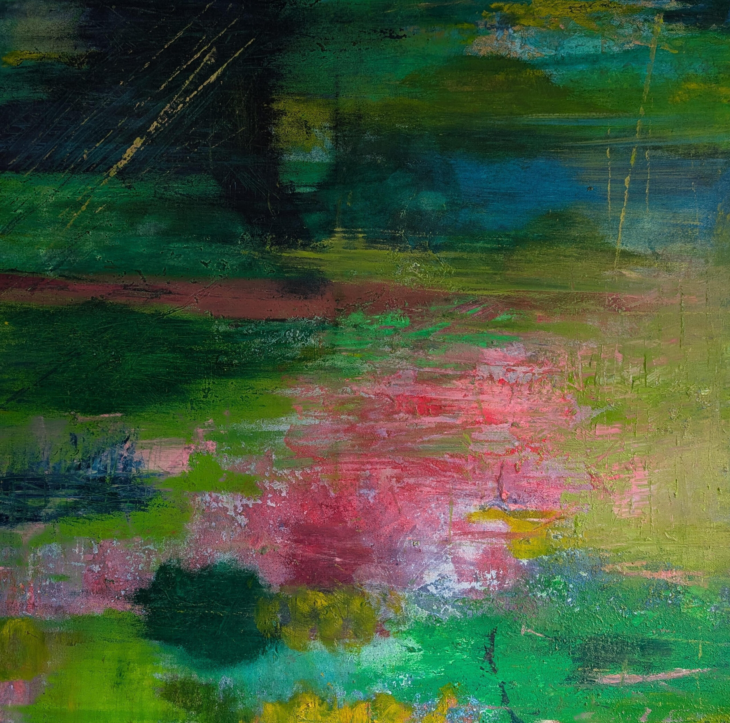 Abstract expressionist painting titled Waterlily, featuring layered emerald green, turquoise and deep blue tones with soft pink reflections. Rich textured acrylic and dried waterlily petals evoke a tranquil riverside landscape beneath a weeping willow on a hazy summer afternoon.